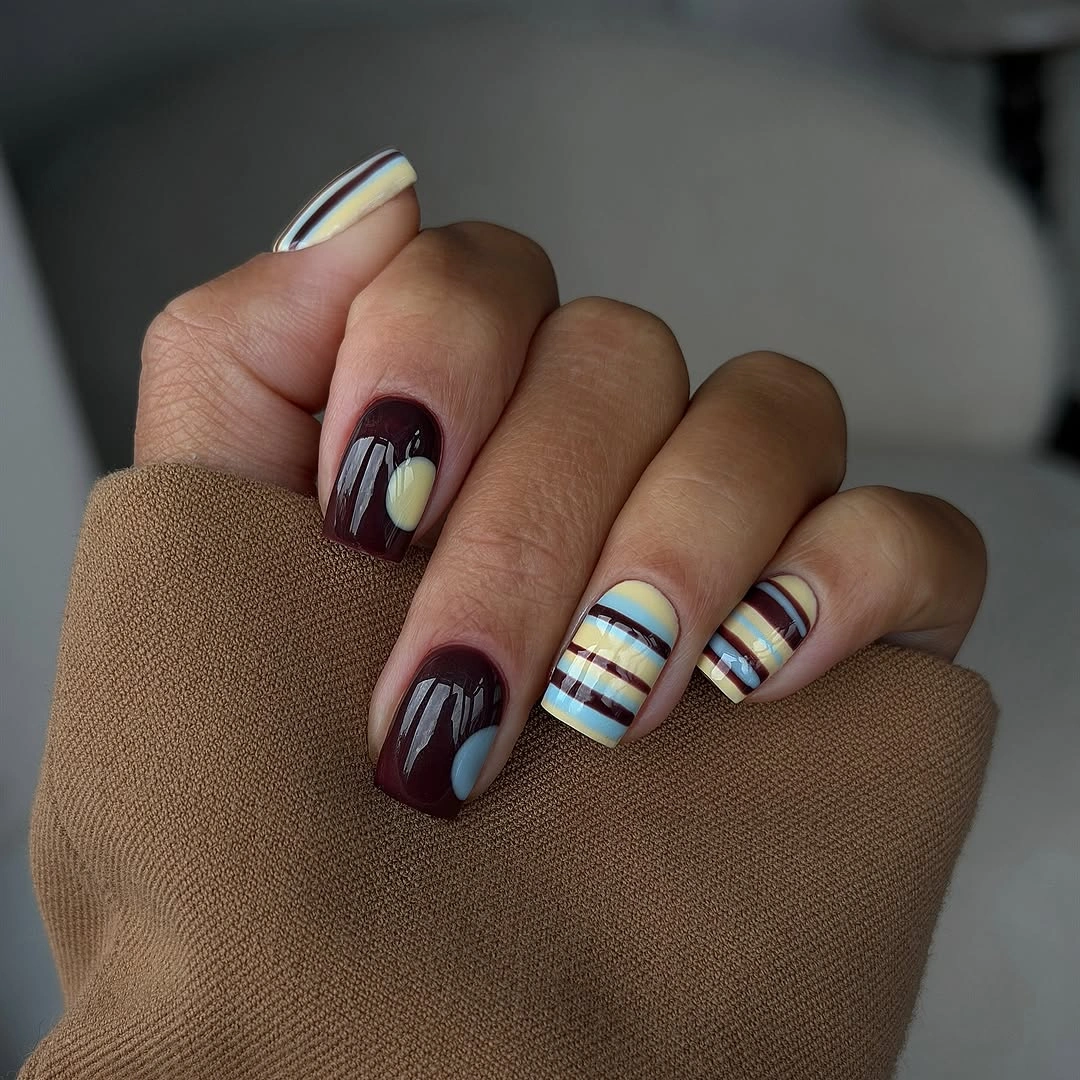 modern fall nail designs square shape 2026 Moody Burgundy With Retro Stripes