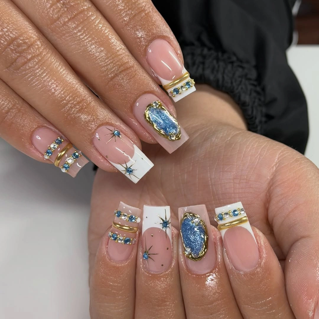 modern fall nail designs square shape 2026 Luxury French With Blue Gem Accents