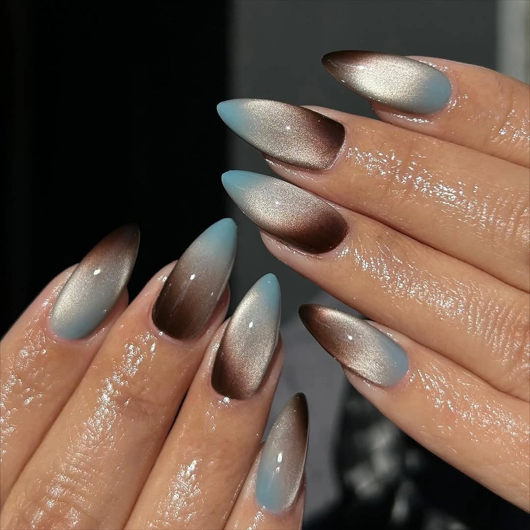 rich fall nails colors for dark skin Blue and Espresso Cat Eye for a Moody Fall Finish