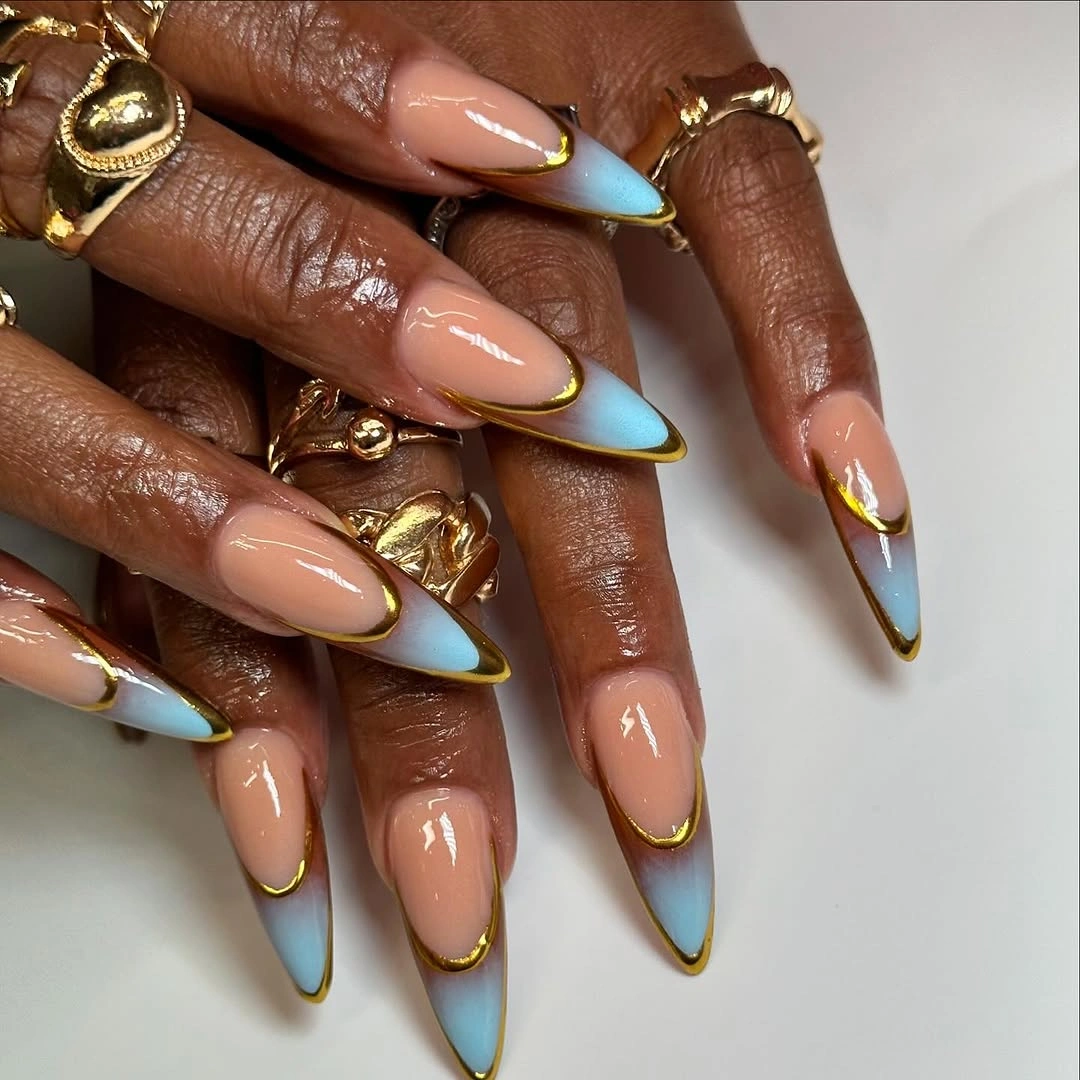 rich fall nails colors for dark skin Powder Blue Tips with a Golden Metallic Outline