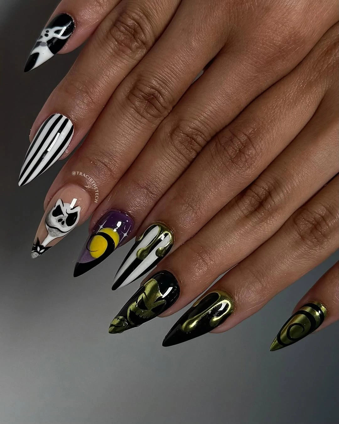 spooky halloween nails designs 2026 long black white green Halloween stiletto nails