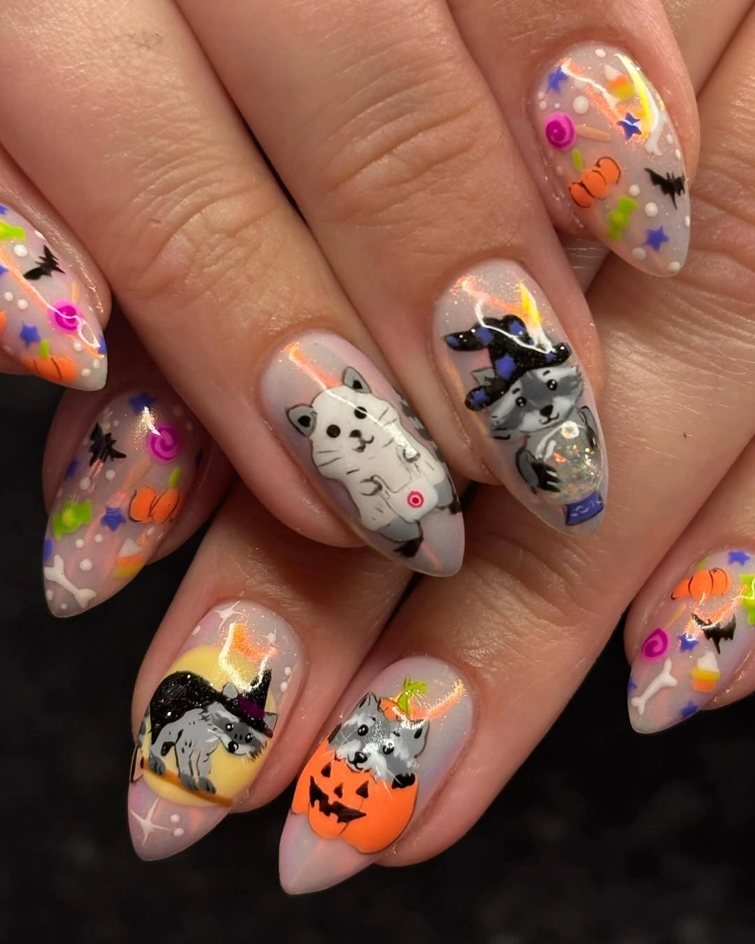 spooky halloween nails designs 2026 cute cat pumpkin Halloween almond nails