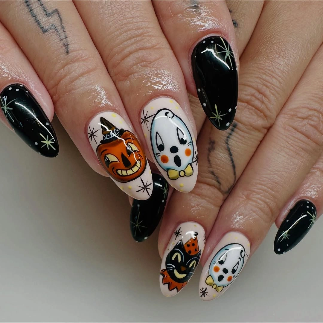 spooky halloween nails designs 2026 cute ghost pumpkin black and white manicure