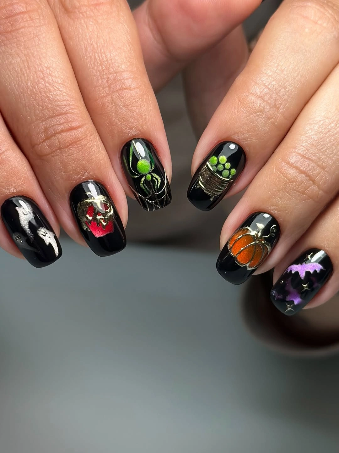 spooky halloween nails designs 2026 black metallic pumpkin ghost Halloween manicure