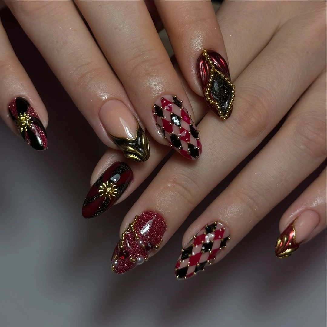 spooky halloween nails designs 2026 black red gold gothic Halloween almond nails