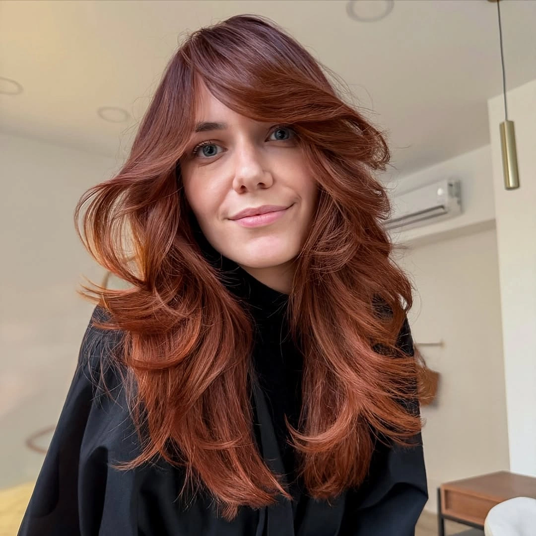 stunning fall brown hair colour ideas 2026 Rich Auburn Brown with Feathered Volume