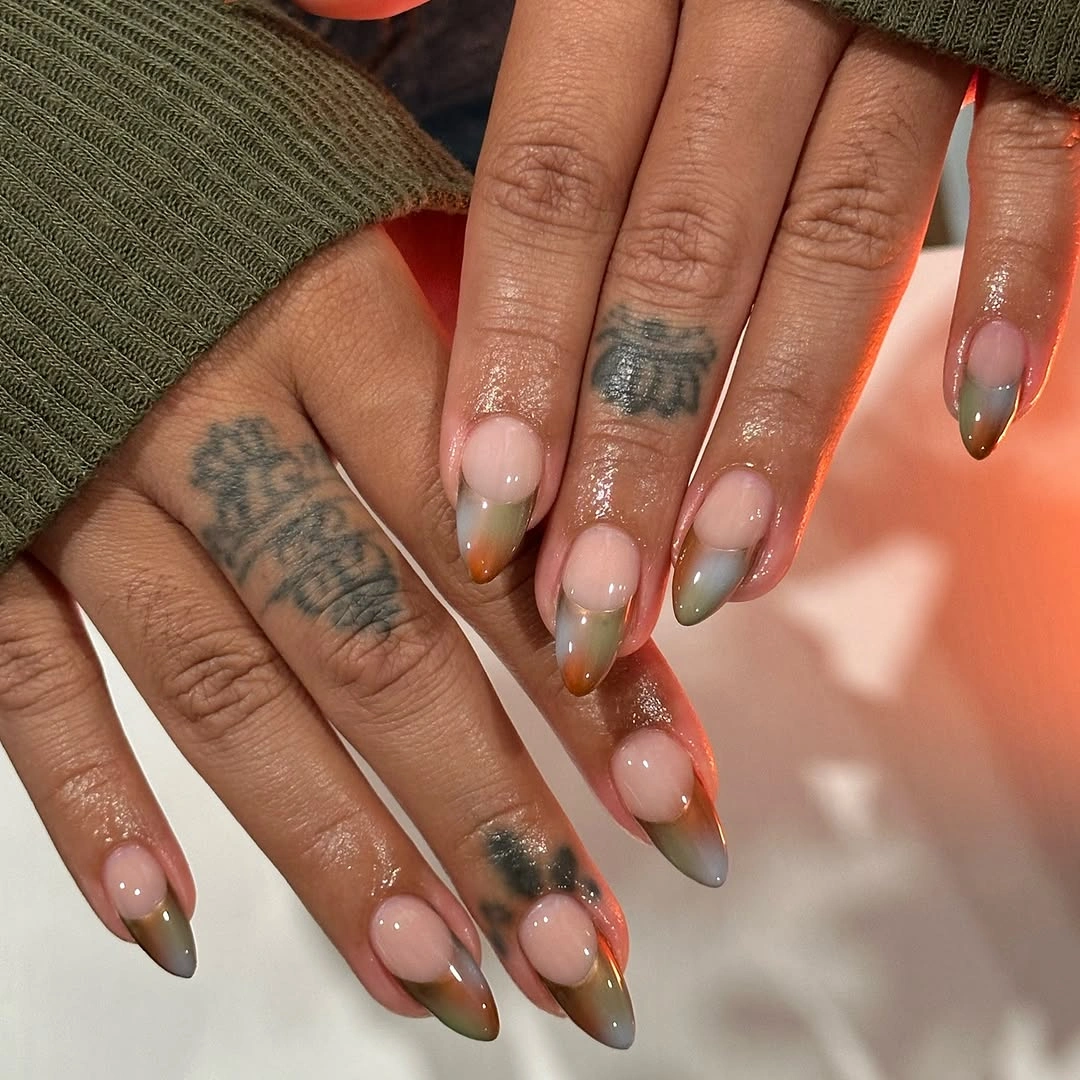 stunning fall nails for dark skin 2026 Smoky Olive Gradient Almond Nails for a Modern Fall Look