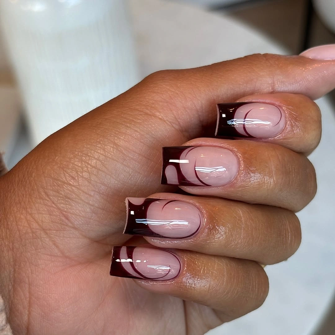 stylish autumn nails color - Burgundy French with a soft pink base