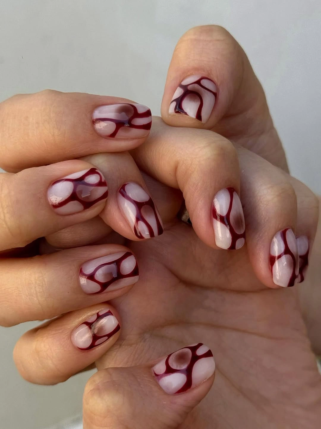 stylish autumn nails color - Milky Burgundy Ribbons for a Soft Autumn Mood