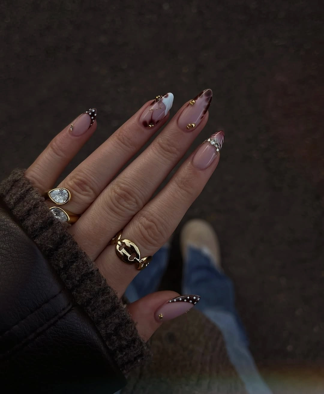 stylish autumn nails color - Sheer Almond Nails With Burgundy and Gold Accents