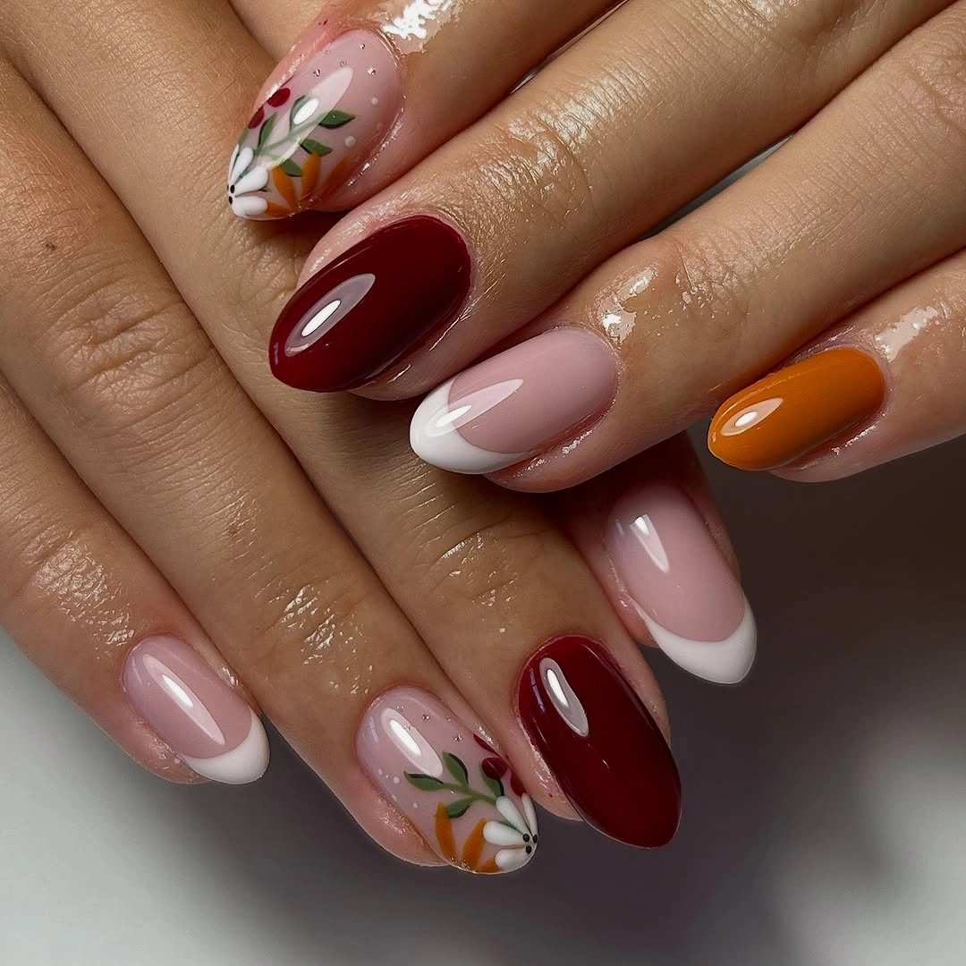 Stylish Fall Nail Trends 2026 Modern Floral Accent Nails With Cozy Autumn Colors