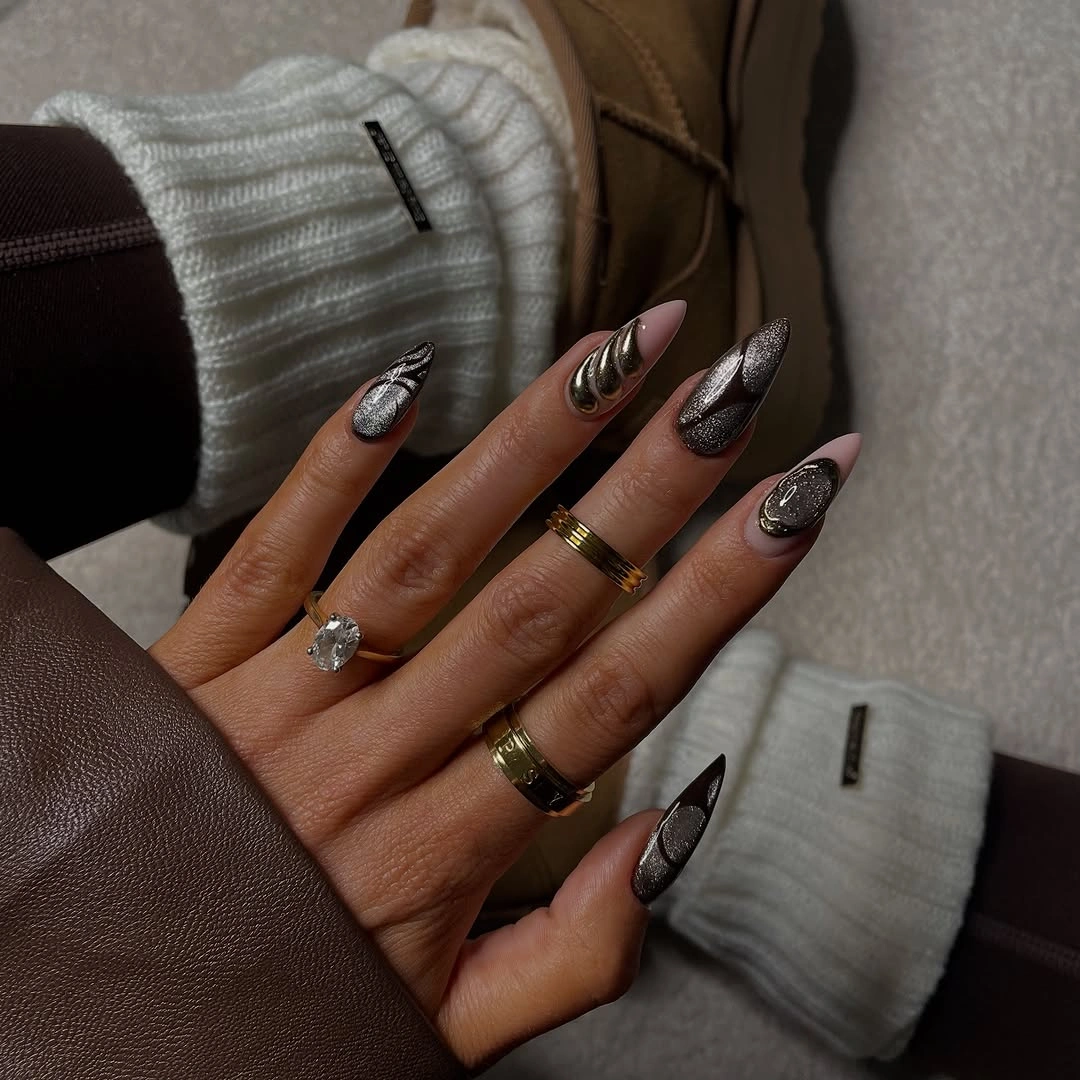 stylish fall nail trends 2026 Dark Chrome Sculpted Almond Nails That Feel Like Jewelry