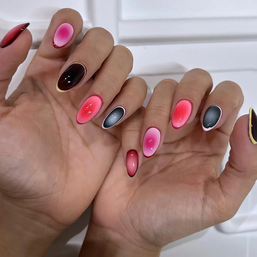 stylish fall nail trends 2026 Soft Aura Nails with Pink and Charcoal Color Contrast