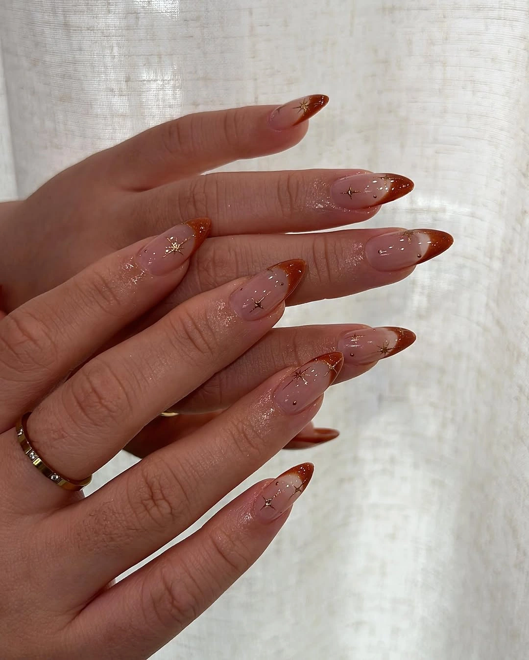 stylish fall nail trends 2026 Warm Brown French Tips with Delicate Golden Stars