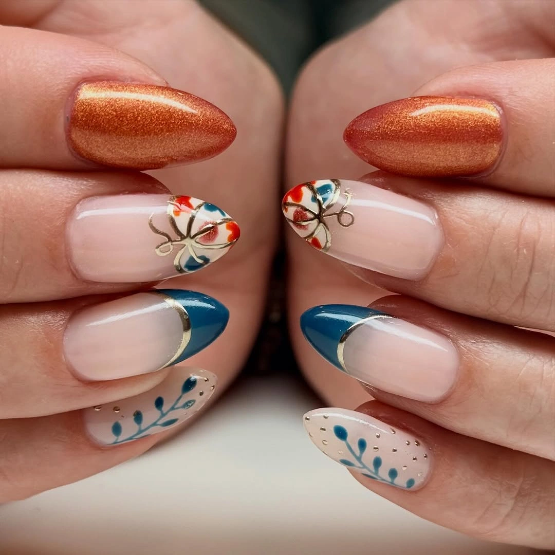 stylish fall nail trends 2026 Copper Chrome and Blue French Fall Balance