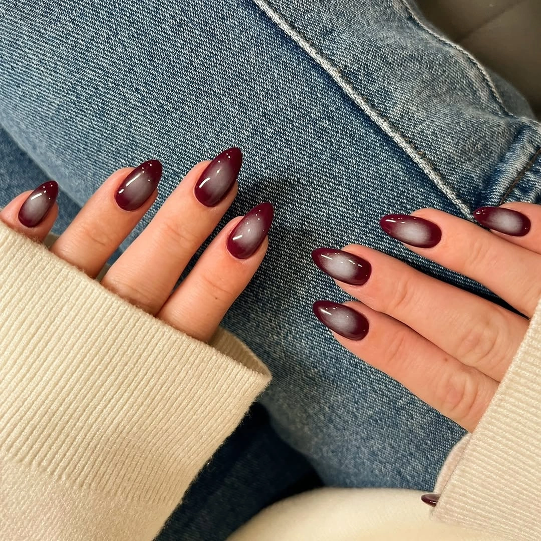 stylish fall nail trends 2026 Soft Burgundy Aura Nails for Everyday Fall