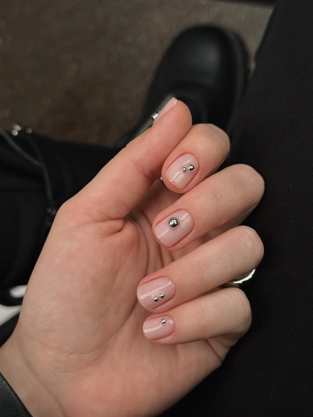 stylish fall nails for fair skin tones 2026 Minimal Silver Studs on Sheer Pink