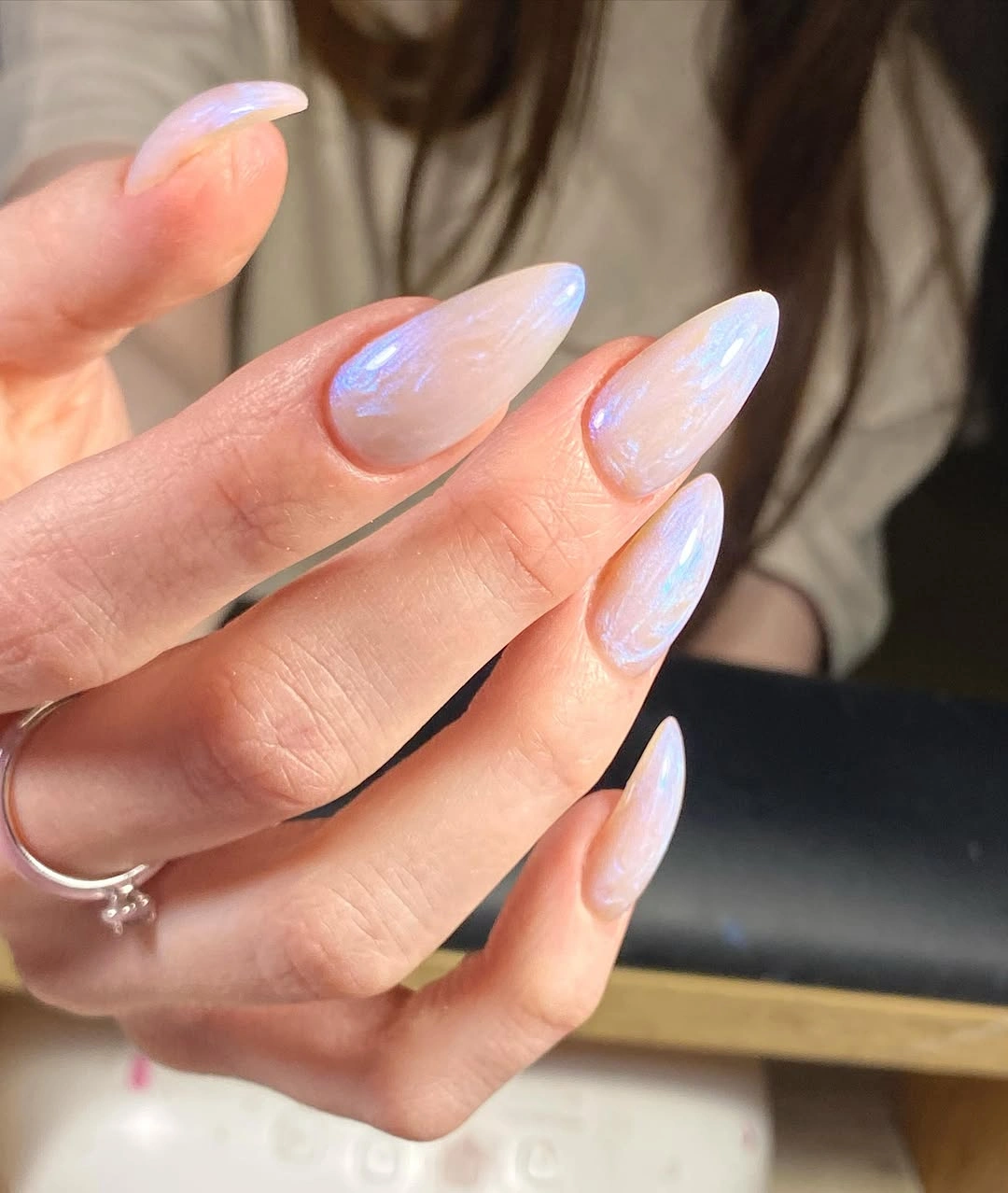 stylish fall nails for fair skin tones 2026 Opalescent Almond Nails