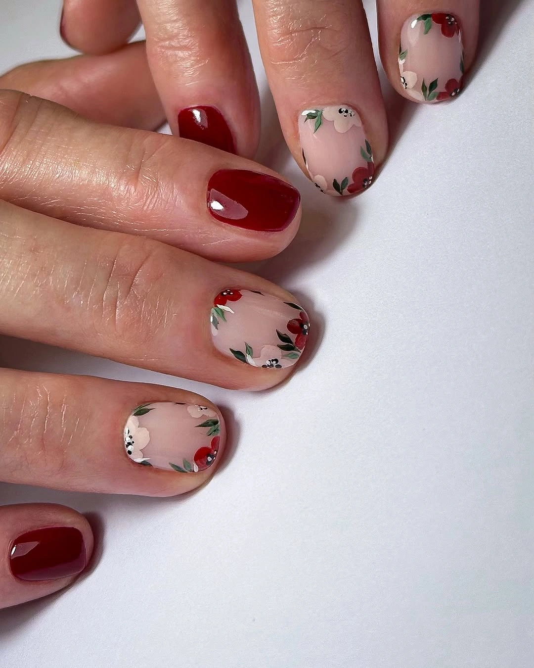 stylish fall nails with accent nail - Burgundy Floral Accents