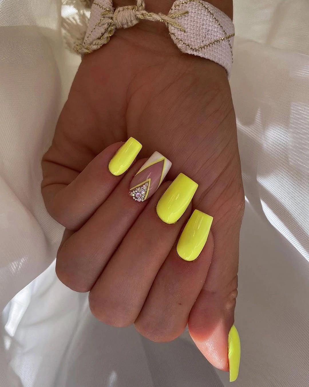 stylish fall nails with accent nail - Neon Yellow Jewel Accent Nails