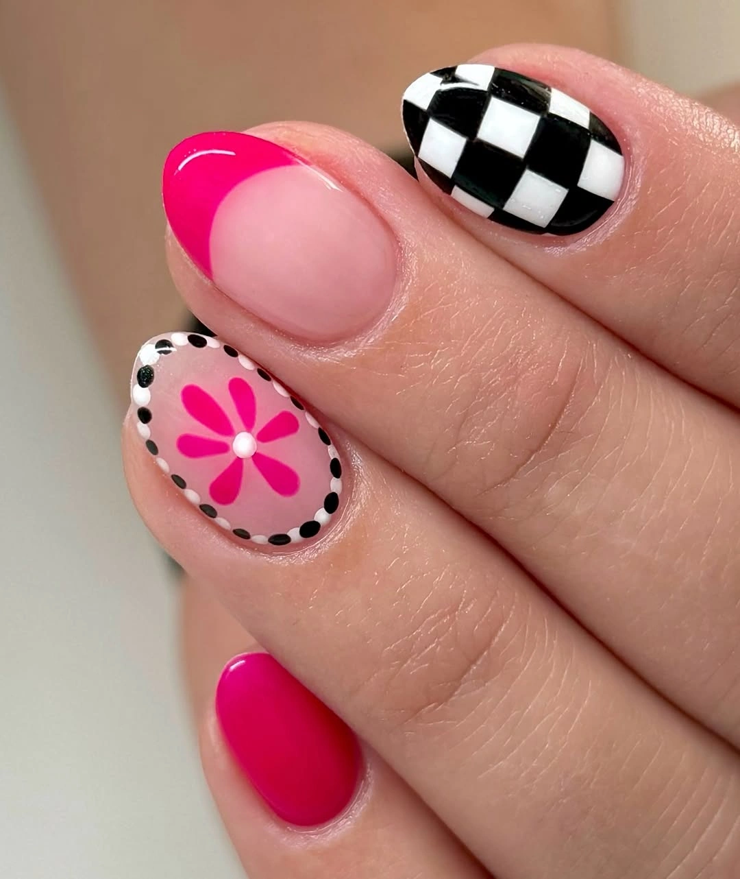 stylish fall nails with accent nail - Hot Pink French Tips and Checkerboard Accent
