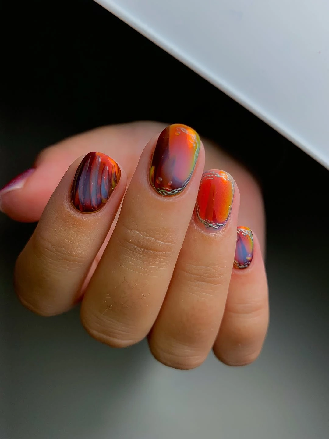 stylish fall nails with accent nail - Dark Multichrome Fall Nails