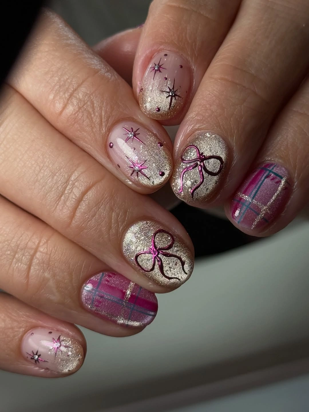 stylish fall nails with accent nail - Silver Glitter Pink Plaid and Bow Nails