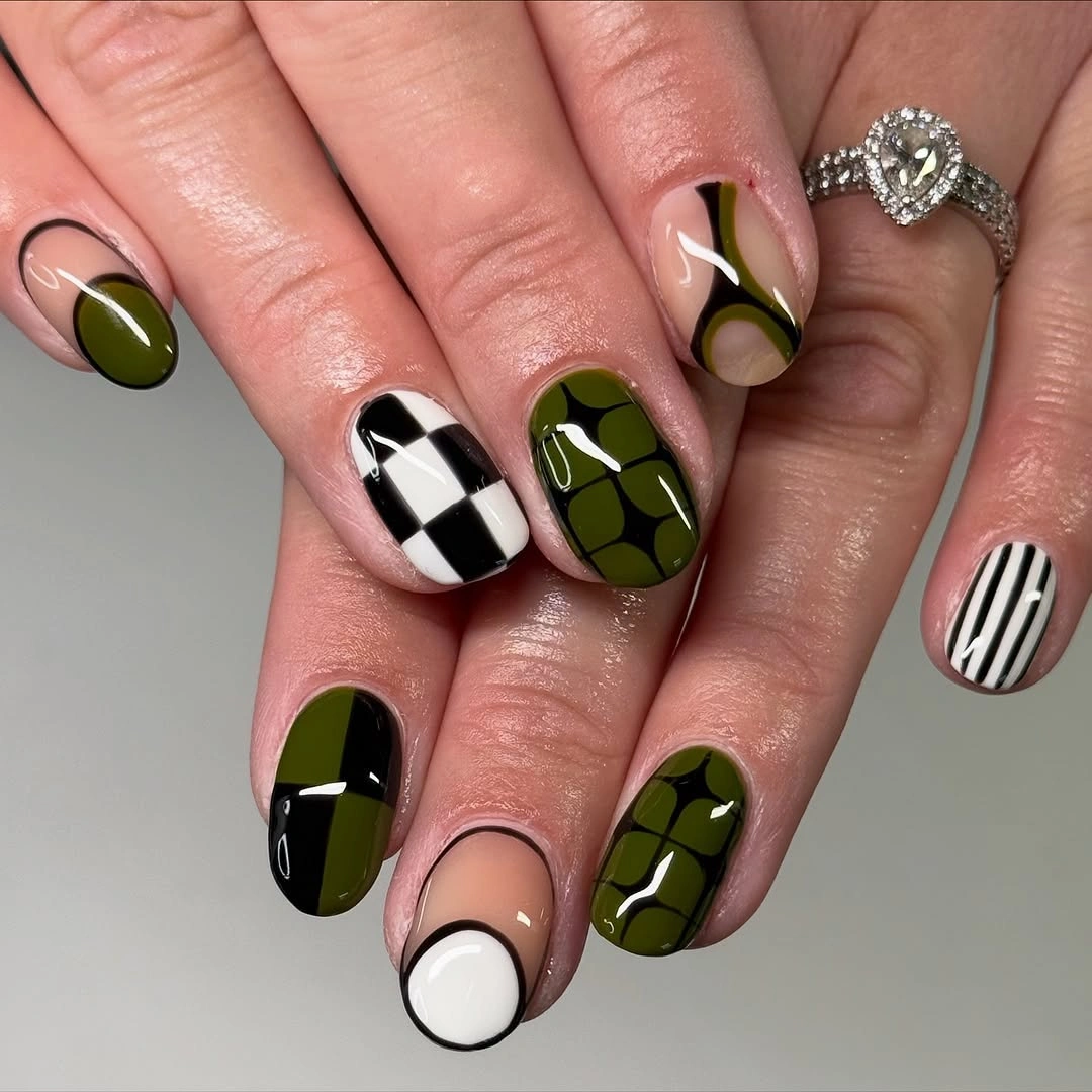 stylish fall nails with accent nail - Olive Green and Black Graphic Fall Nails