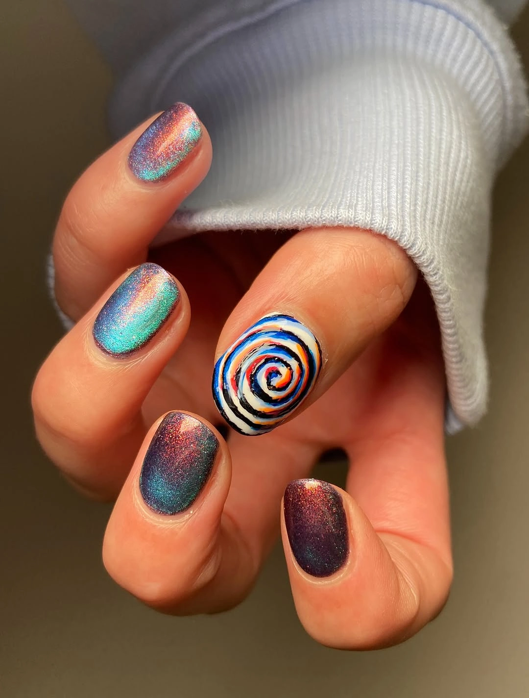 stylish fall nails with accent nail - Multichrome Sparkle and Swirl Fall Nails