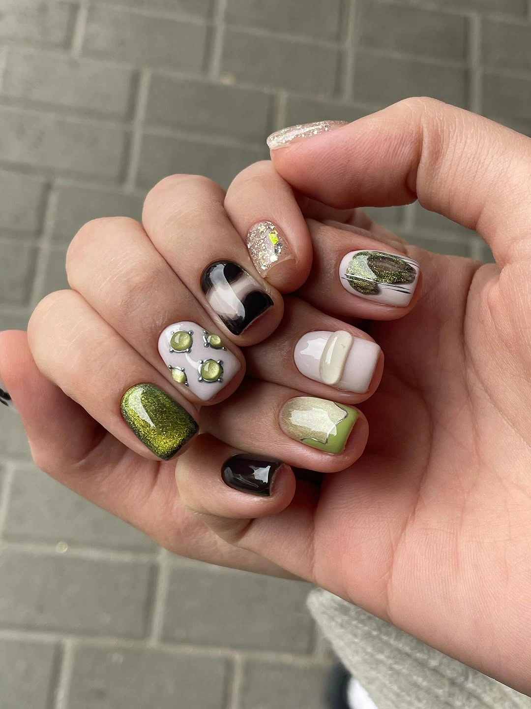 stylish fall nails with accent nail - Olive Chrome Plaid and Mixed Fall Nails