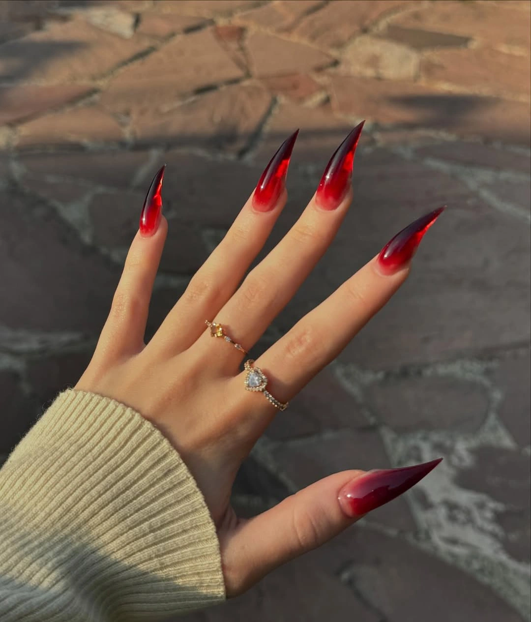 stylish fall red nails 2026 Red Ombre Stiletto Nails