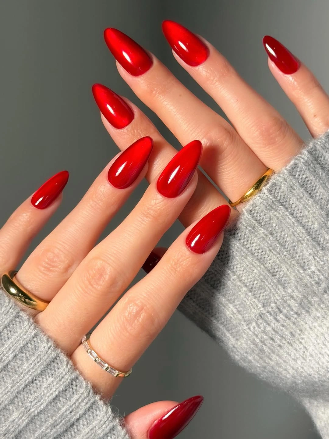 stylish fall red nails 2026 Classic Glossy Scarlet Almond Nails That Never Go Out of Style