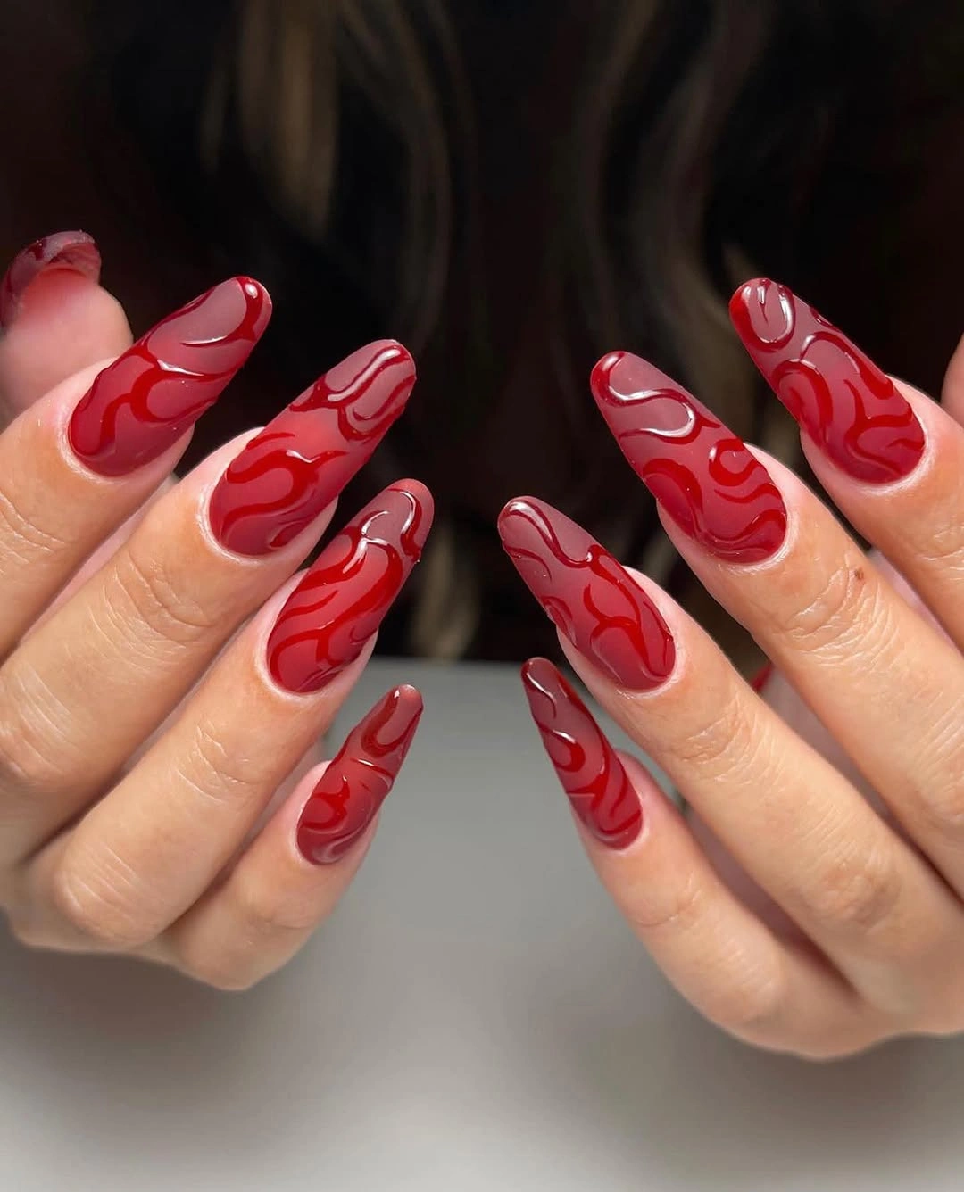 stylish fall red nails 2026 Abstract Cherry Red Nail Art With Modern Movement