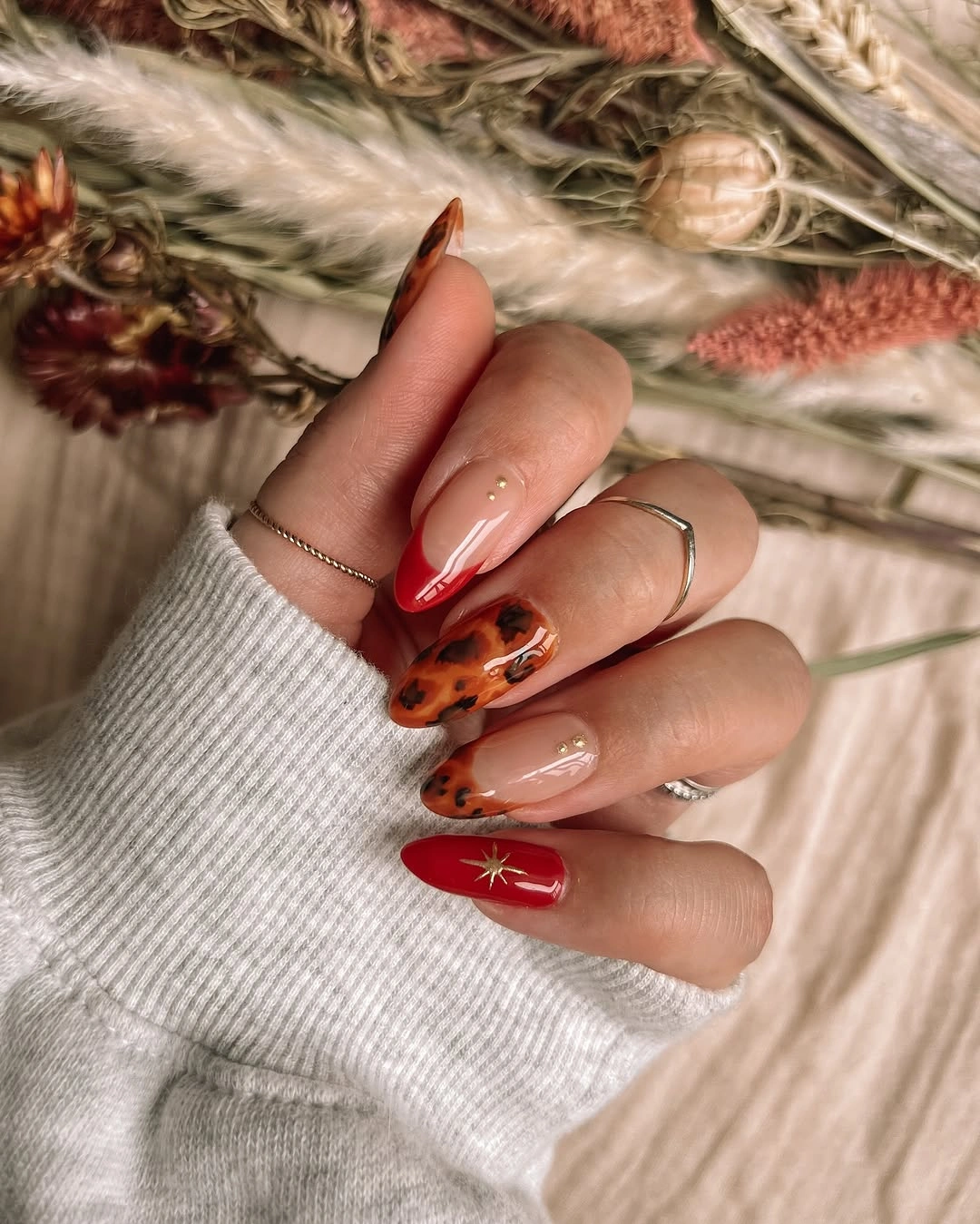 stylish fall red nails 2026 Red French Tips Meet Warm Tortoiseshell