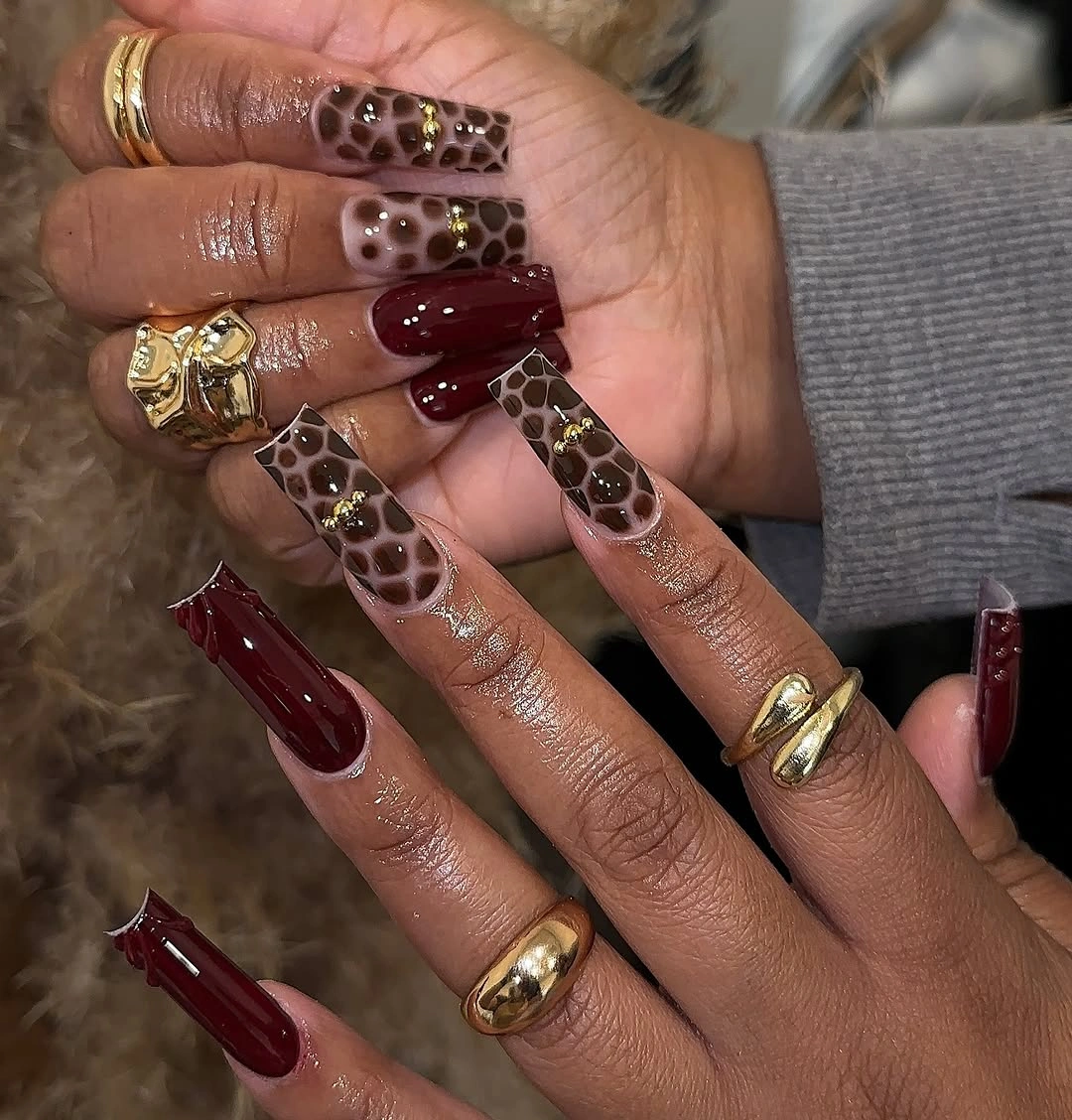 stylish fall red nails 2026 Chocolate Tortoiseshell And Deep Wine Acrylic Glam