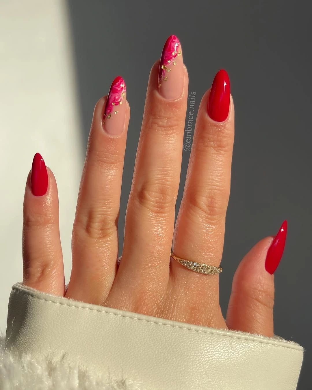stylish fall red nails 2026 Bright Red Marble Nails With Gold Foil
