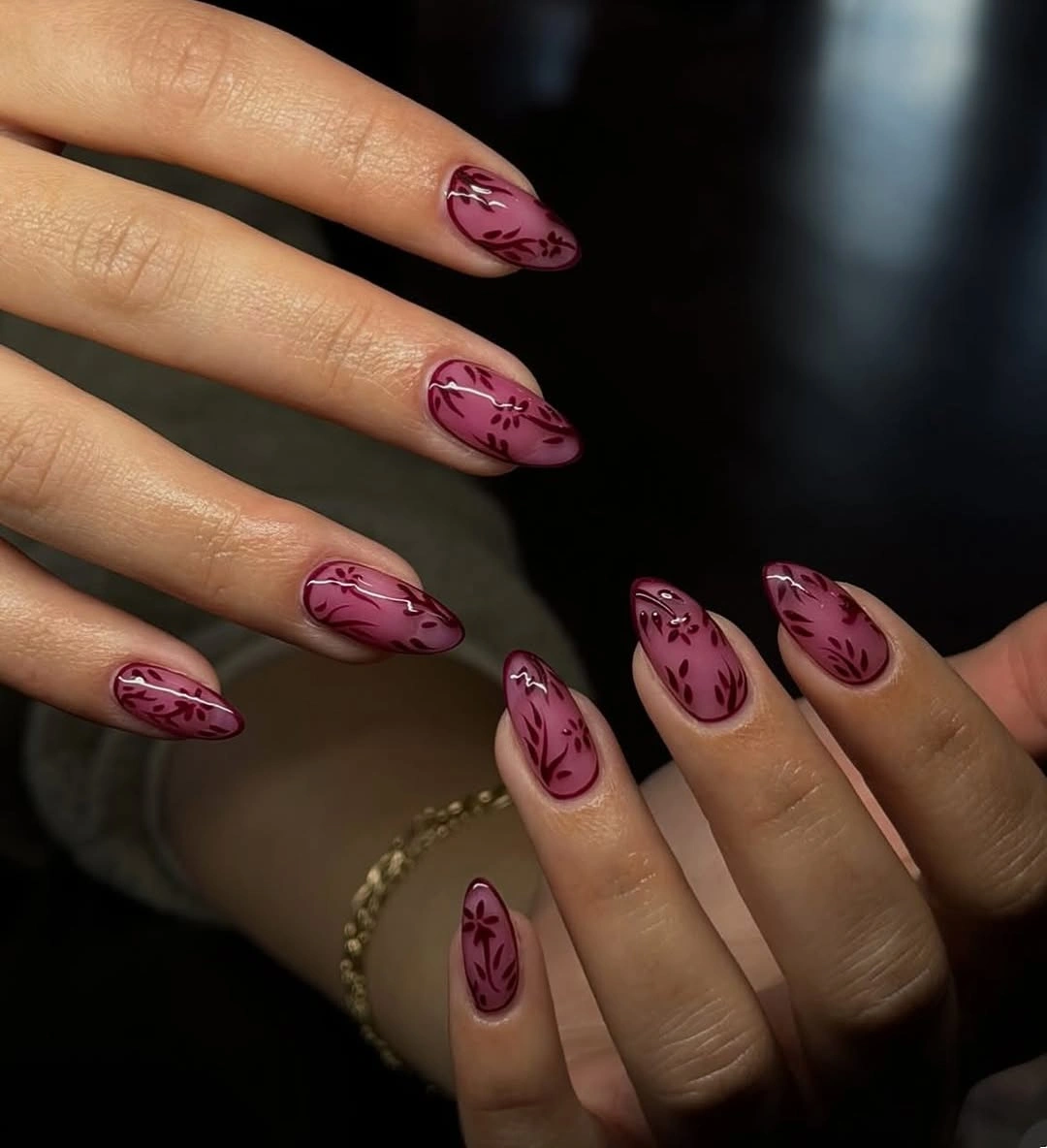 stylish fall red nails 2026 Muted Berry Floral Nail Art