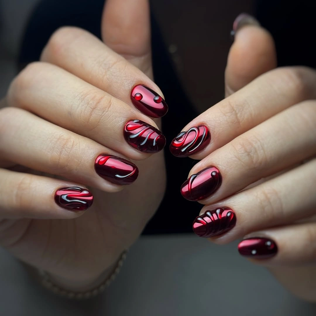 stylish maroon fall nails 2026 Glossy Maroon Nails With Swirling Red Accents