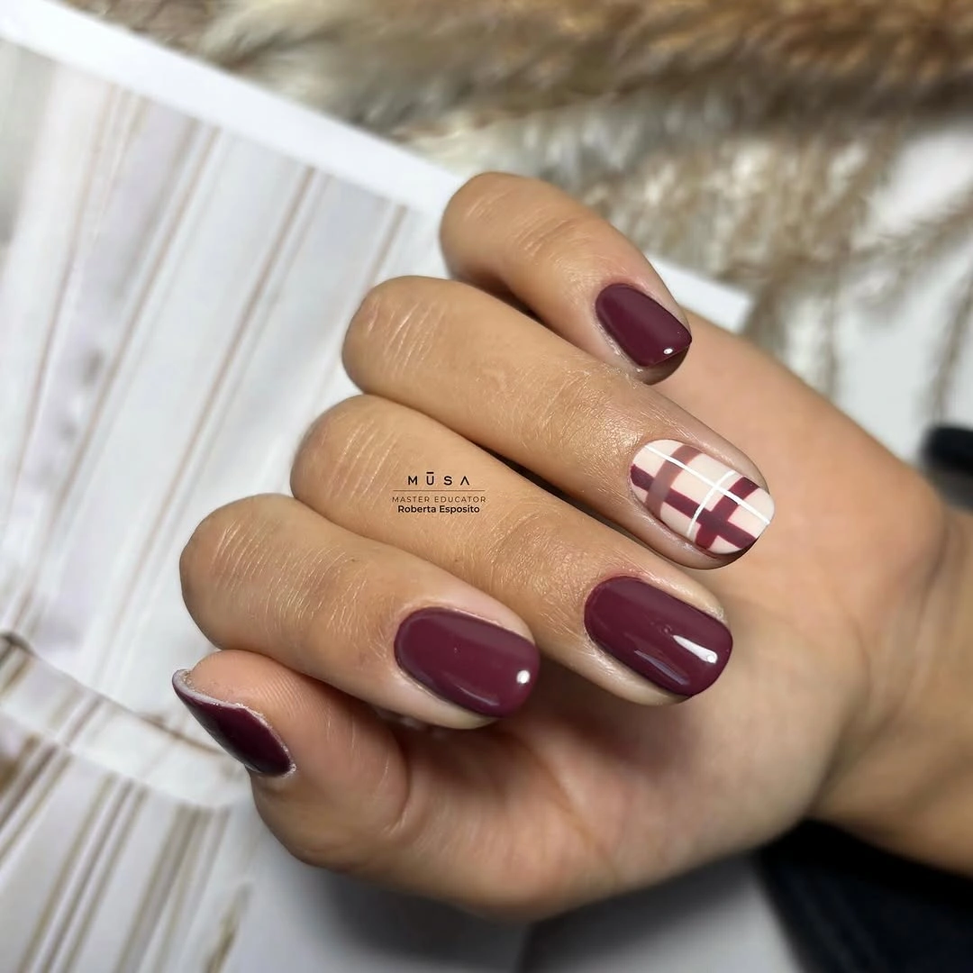 stylish maroon fall nails 2026 Burgundy Nails With A Soft Plaid Accent