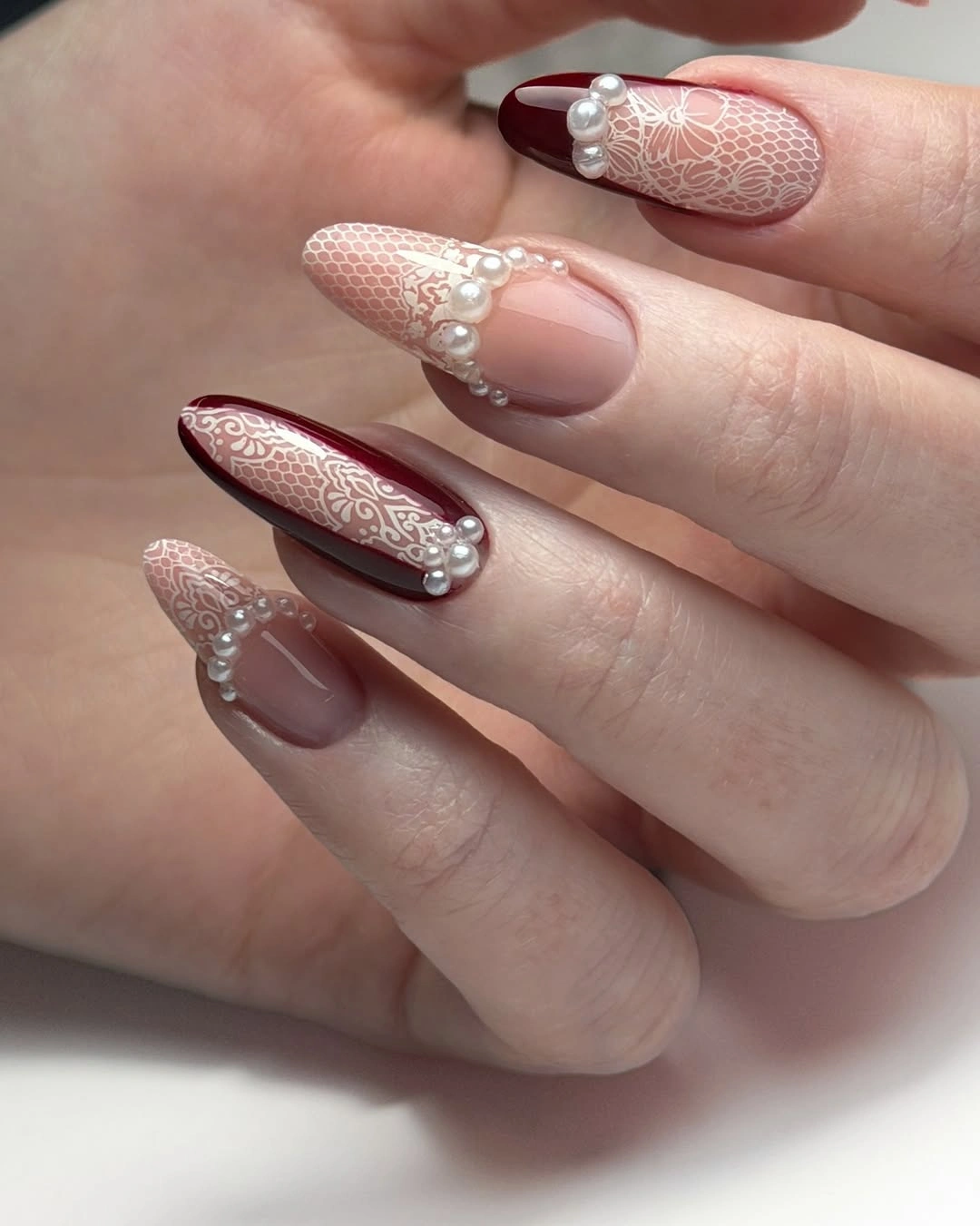 stylish maroon fall nails 2026 Burgundy Lace Nails With Pearls
