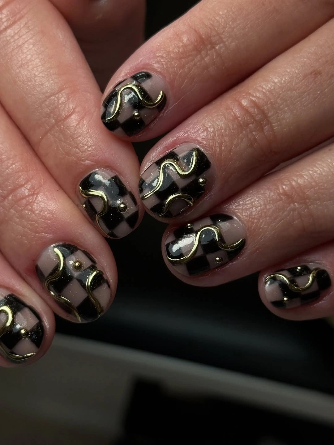 stylish simple fall short nails - Black and Gold Checkerboard with a Vintage Twist