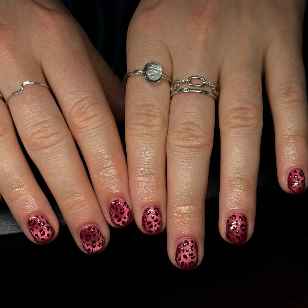 stylish simple fall short nails - Burgundy Leopard Nails for a Chic Autumn Mood