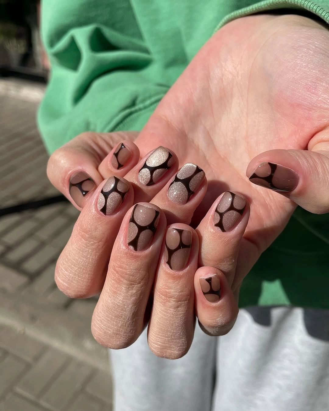 stylish simple fall short nails - Chocolate Petals with a Soft Metallic Finish