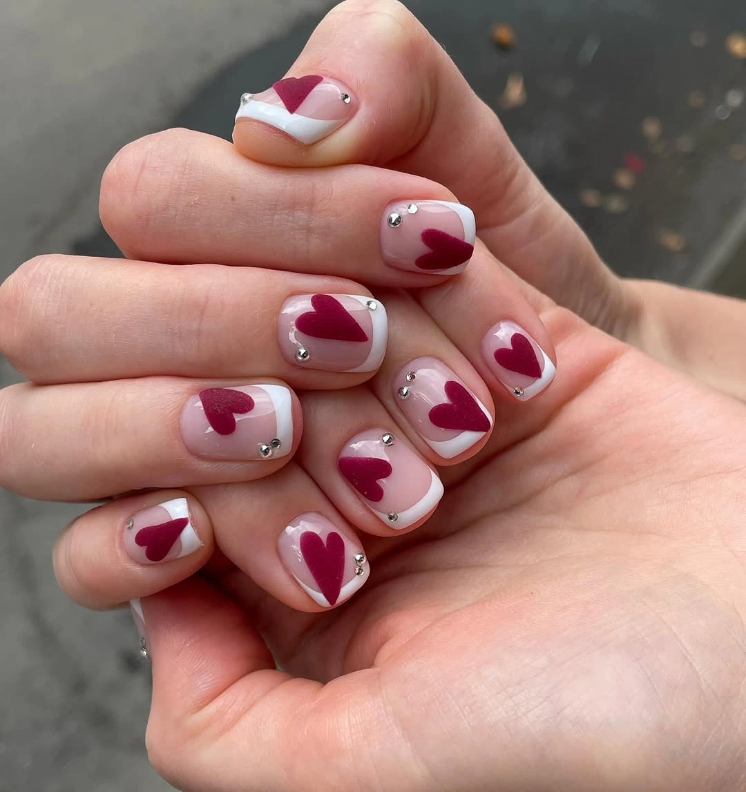 stylish simple fall short nails Short Red Heart French Nails for a Playful Fall Accent