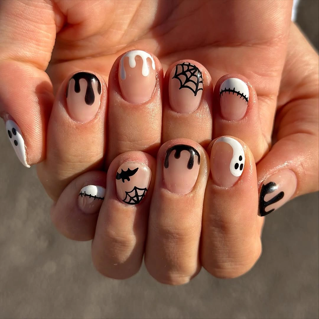 stylish simple fall short nails Playful Halloween Nails With Tiny Spiderwebs