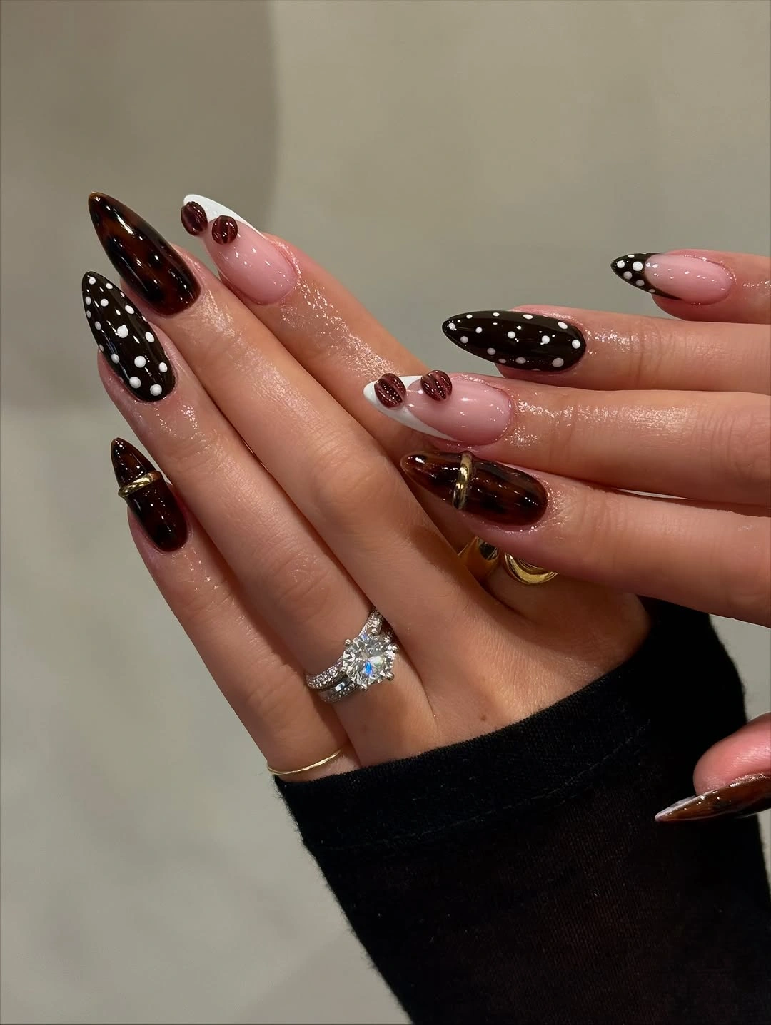 trendy brown fall nails 2026 Espresso Almond Nails With Playful Polka Dots And Coffee Details