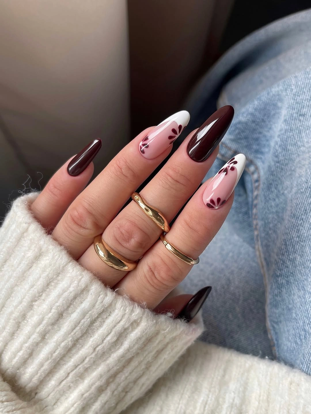 trendy brown fall nails 2026 Dark Chocolate Almond Nails With Delicate Floral Art