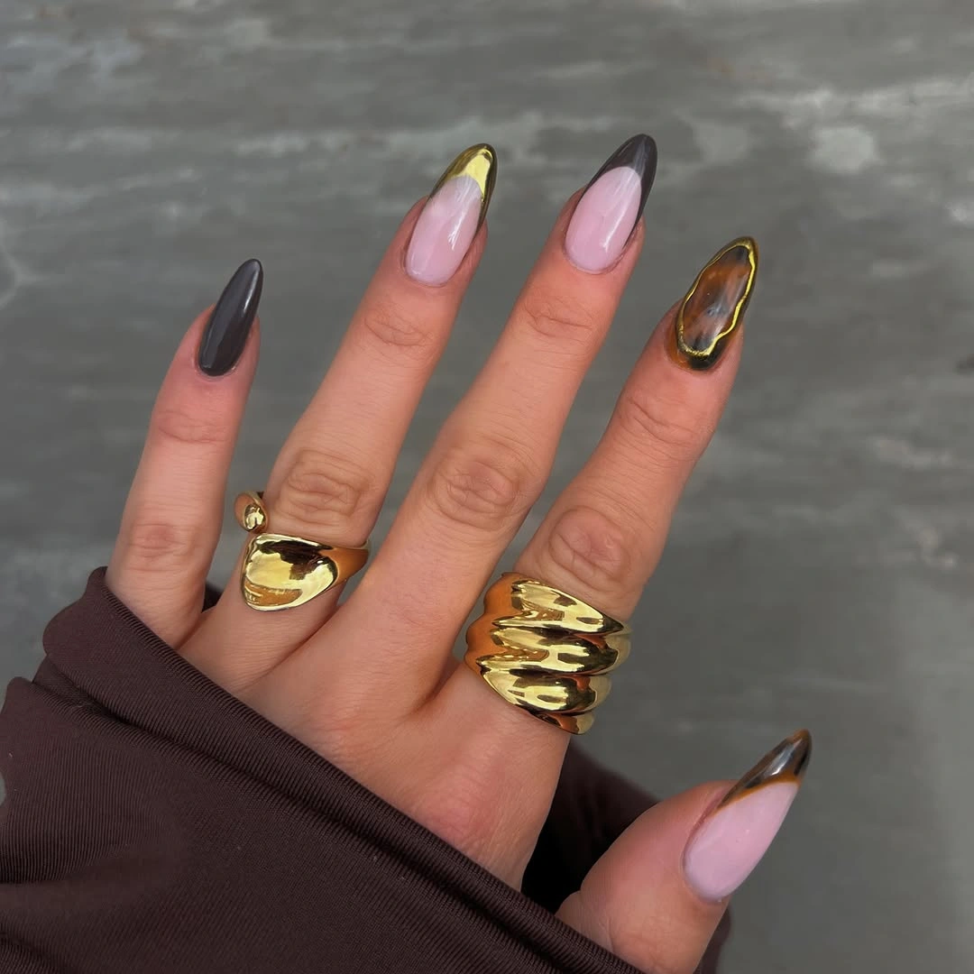 trendy brown fall nails 2026 Modern Espresso French Tips with Metallic Chrome Accents