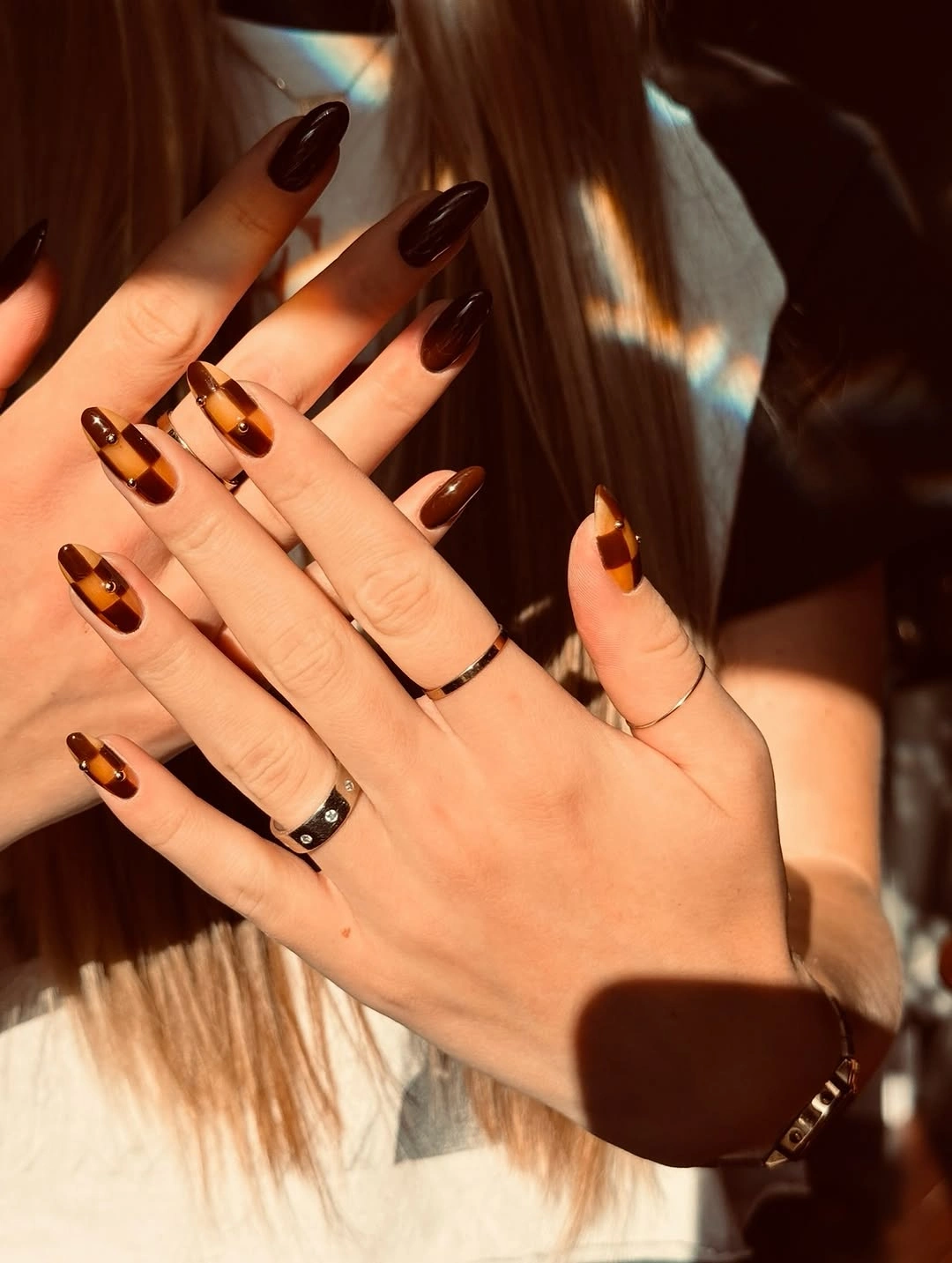 trendy brown fall nails 2026 Dark Chocolate Nails with Amber Plaid Accents