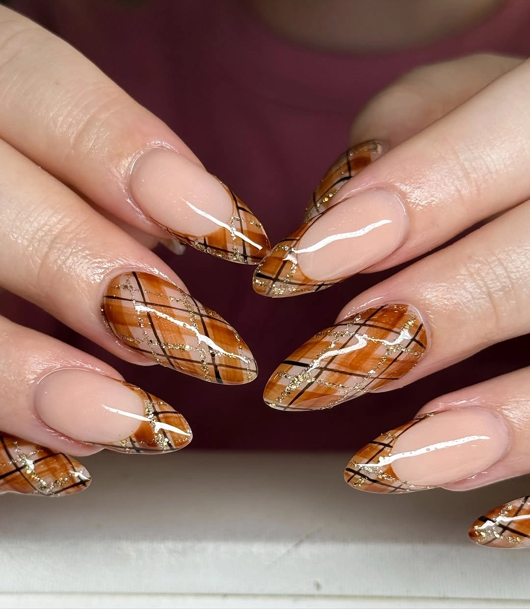 trendy brown fall nails 2026 Golden Plaid Autumn Nails